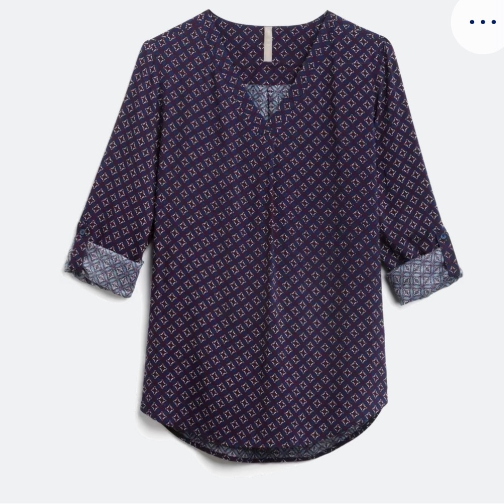 Brina & Em Lemmy V-Neck Printed Top Roll Tab Sleeve Navy Burgundy